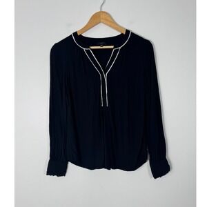 Classic Preppy Talbots Women SP Blouse Navy Blue White Contrast Piping Ruffle SP